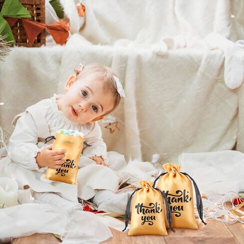 100 قطعة من Wowangce مقاس 10.16 سم × 15.24 سم × 17.78 سم × 17.78 سم، حقائب هدايا من الساتان الذهبي، حقائب هدايا شكرًا لك، حقائب صغيرة شكرًا لك مع أربطة، أكياس حلوى برباط لحقائب الرباط المفضلة لعيد الأم وحفلات الزفاف وحفلات استقبال المولود الجديد in Kuwait