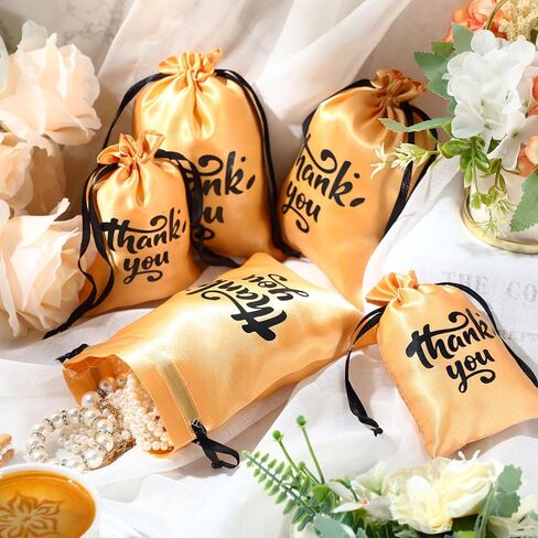 100 قطعة من Wowangce مقاس 10.16 سم × 15.24 سم × 17.78 سم × 17.78 سم، حقائب هدايا من الساتان الذهبي، حقائب هدايا شكرًا لك، حقائب صغيرة شكرًا لك مع أربطة، أكياس حلوى برباط لحقائب الرباط المفضلة لعيد الأم وحفلات الزفاف وحفلات استقبال المولود الجديد in Kuwait
