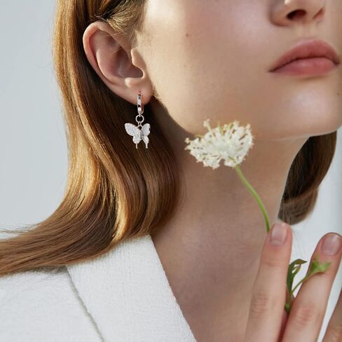 Butterfly Hoop Earrings for Women, 16K Gold Plated Post Huggie Inlaid Zircon Butterfly Pendant Cute Jewelry Trendy Earring in Saudi Arabia
