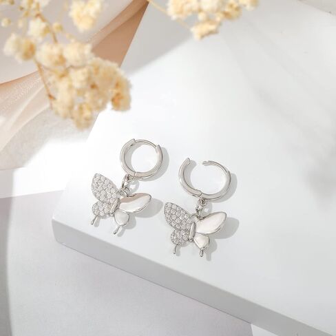 Butterfly Hoop Earrings for Women, 16K Gold Plated Post Huggie Inlaid Zircon Butterfly Pendant Cute Jewelry Trendy Earring in Saudi Arabia