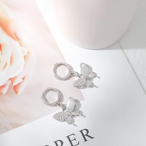Butterfly Hoop Earrings for Women, 16K Gold Plated Post Huggie Inlaid Zircon Butterfly Pendant Cute Jewelry Trendy Earring in Saudi Arabia