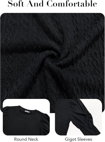 DOROSE Womens Puff Long Sleeve Crewneck Cable Knit Casual Loose Pullover Sweater Tops in Kuwait