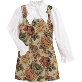 WDIRARA Girl's Colorblock Ruffled Frill Bow Front Floral Print Flare Sleeve Blouse & Overall Dress