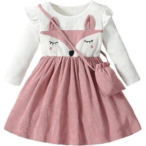 SweatyRocks Girl's Cute Cartoon Pattern Long Sleeve Round Neck Dress Ruffle Short Dresses with Bag