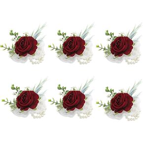Set of 6 Burgundy Wedding Wrist Flower Wine Red Floral Wrist Corsage Bridal Rose Leaf Hand Flowers for Bride and Bridesmaid Festival Prom Engagement