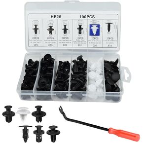 100 PCS Nylon Fasteners Rivet Replacement Kit, 6.3mm 8mm 9mm 10mm Car Bumper Retainer Clips, Push-in Screw Bumper Push Rivet Clip with Removal Tool, Suitable for Most Models (White)