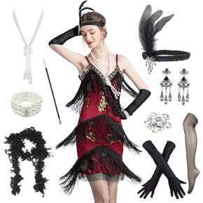 Sequin Flapper Dress 1920s Gatsby Tassel Sway Dance Cocktail Dress with 20s Halloween Accessories Set