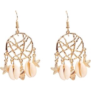 Bohemian Seashell Starfish Conch Earrings Gold Plated Handmade Dream Catcher Natural Cowrie Shell Ocean Animal Tassel Dangle Drop Earrings for Women Teen Girls Boho Hawaii Summer Beach Holiday Jewelry Gifts