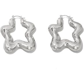 Chunky Star Hoop Huggie Statement Earrings for Women Teen Girls,14K Gold Plated Irregular Geometric Hoop Earrings Party Prom Vintage Jewelry Gift