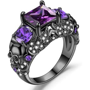 Gothic Jewelry Purple Red Black Crystal Unique Black Skull Rings for Women Halloween Christmas Gifts