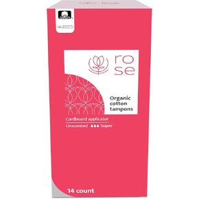 ROSE Certified Organic Cotton Cardboard Applicator Tampons Super Absorbency | Cotton Lock Security Veil Patent System| Strong Leak Protection| Hypoallergenic| Non-Toxic| Easy Application 14 Count