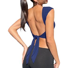 Women’s Open Back Crop Tops Sexy Backless Crewneck Short Sleeve Crop Tee Shirts Solid Slim Fit Y2K Club Party Cami Tank Tops