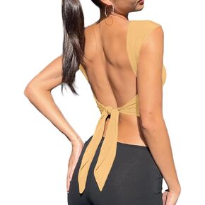 Women’s Open Back Crop Tops Sexy Backless Crewneck Short Sleeve Crop Tee Shirts Solid Slim Fit Y2K Club Party Cami Tank Tops