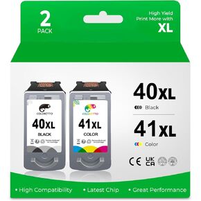 استبدال خرطوشة الحبر المعاد تصنيعها من COLORETTO لـ Canon PG-40XL CL-41XL 40 XL 41 XL (1 أسود، 1 لون) للاستخدام مع طابعة MP140 iP2500 MP470 MP150 MP190 MP160 iP2600 iP1800 MP210 iP1700 MX300