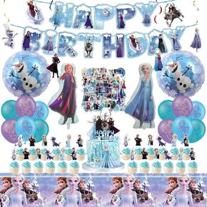 Frozen Birthday Party Supplies for Girls, Frozen Birthday Party Decorations Include Banner, Frozen Balloons, Hanging Swirls, Stickers, Cupcake Toppers, Tablecloth