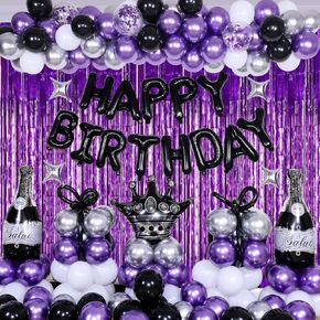 Purple and Black Birthday Decorations for Men Women Boys Girls 117pcs Happy Birthday Purple Birthday Party Decorations for Him Her Birthday Party Supplies with Champagne Beer Decorations