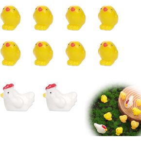 10pcs Mini Chicken Figurines, 2 Styles White Miniature Hens Yellow Tiny Chickens Resin Animals Model Mini Chicks Ornament Toys Car Dashboard Décor for Car Rearview Mirror Landscape Garden