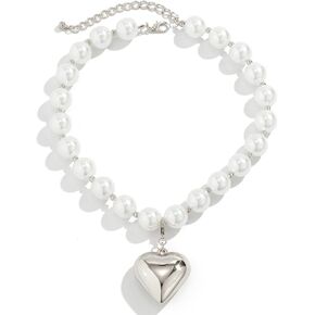 Chunky Puffy Heart Pendant Necklace for Women,Gold Heart Choker Necklace Pearl Chain Heart Necklaces Y2k Necklace Jewelry Accessories Gifts