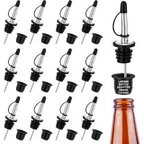 Tioncy 12 Sets Liquor Pour Spout with Adapters for Large Bottles to 1 Inch/ 25mm Neck, Stainless Steel Pour Spouts with Dust Caps Bottle Pourers for Alcohol, Liquor Bottles and Olive Oil Bottles