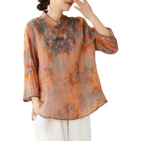 Women Summer 3/4 Sleeve Chinese Blouse Top Traditional Mandarin Collar Ethnic Cotton Linen Qipao Shirt in Kuwait