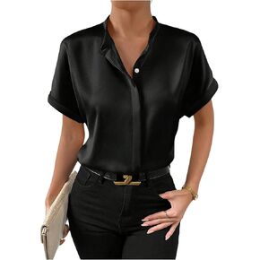 SweatyRocks Women's Elegant Stand Collar Button Dowm Shirt Short Sleeve Satin Blouse Top