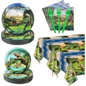 Dinosaur Birthday Decorations - 162Pcs Dinosaur Paper Tableware Set Including Dinosaur Plate, Napkins, Dino Tablecloth for Kids Boys Dinosaur Birthday Supplies, Serve 40