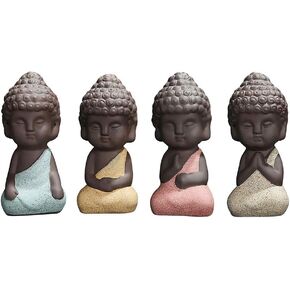 Set of 4 Ceramic Little Cute Small Buddha Statue Monk Figurine Creative Baby Crafts Dolls Ornaments Gift Classic Delicate Ceramic Arts and Crafts Tea Accessories 4 Pcs (4 x 8.4 CM)
