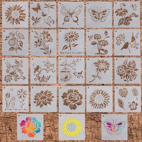 Stencils for Painting, Flower Stencils for Painting on Wood Canvas, 20pcs Reusable Plastic Wall Stencil Drawing Templates for Kids and Adults, Butterfly Bird Sunfl
