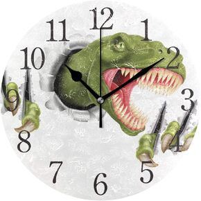 senya Wall Clock Green Dinosaur Silent Non Ticking Operated Round Easy to Read Home Office School Clock