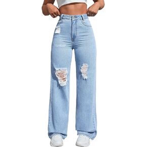 WDIRARA Women's High Waist Ripped Wide Leg Baggy Jeans Distressed Denim Pants