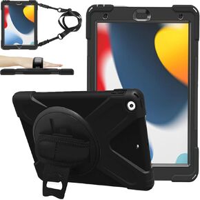 حافظة ZenRich iPad 9th/ 8th/ 7th Generation مقاس 10.2 بوصة، حافظة مقاومة للصدمات مع واقي شاشة وحزام يد دوار 360 درجة وحزام كتف مقاس 10.2 بوصة 2021/2020/2019 (أسود)