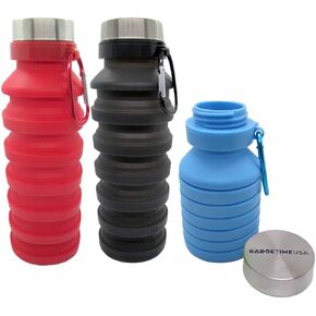 3 Pack Silicone Collapsible Water Bottle - Reusable, BPA Free, Foldable Portable & Leak Proof - Sports Water Bottles for Travel Gym Camping Hiking with Carabiner (Black Blue Red)