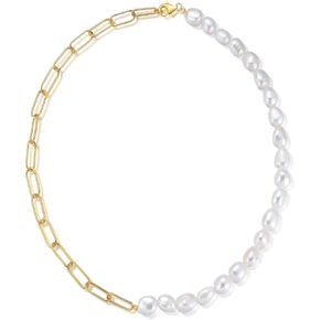 قلادة لؤلؤ الباروك الأبيض للنساء 925 سلسلة مشبك ورق من الفضة الإسترلينية 9 مم لؤلؤ باروكي غير منتظم كبير 14 قيراط سلسلة أنيقة مطلية بالذهب 16.54 بوصة in Kuwait