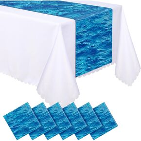 6 Pcs Ocean Waves Plastic Table Runner 14 x 108 Inch Disposable Table Runner Blue Water Print Coastal Table Runner for Summer Beach Pool Sea Birthday Mermaid Theme Party Supplies (Ocean)