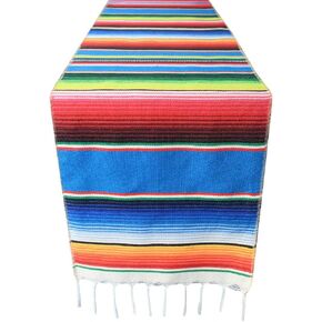 14x108 inch Mexican Serape Table Runner for Mexican Theme Party, Cinco de Mayo Fiesta Party, Day of Death Decorations, Falsa Classic Striped Fringe Pattern Cotton Blanket, Blue