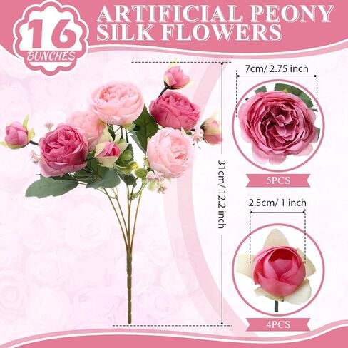 16 Bundles Artificial Peonies Silk Peonies Faux Flower Bouquet Fake Peony Flower Arrangements Table Centerpieces for Vase Wedding Party Boho Home Office Decoration Bulk (Purple) in Saudi Arabia