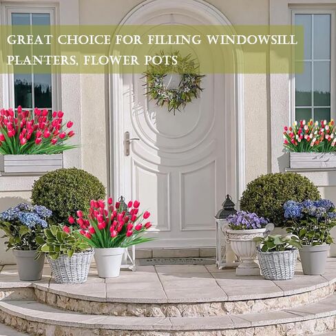 12 Bundle Artificial Outdoor Flowers for Summer Outside - UV Resistant Tulip Fake Plant Silk Plastic Outdoor Flower for Front Door Patio Yard Window Box Porch Garden Front Patio Yard Decoration in Saudi Arabia