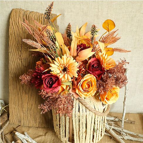 Artificial Flower Bouquets Silk Sunflowers for Home Decor and Wedding, Faux Fall Flower Dining Table Centerpiece, Artificial Plants Fall Foliage Silk Flowers for Decoration (Autumn Red). in Saudi Arabia