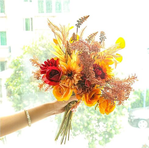 Artificial Flower Bouquets Silk Sunflowers for Home Decor and Wedding, Faux Fall Flower Dining Table Centerpiece, Artificial Plants Fall Foliage Silk Flowers for Decoration (Autumn Red). in Saudi Arabia