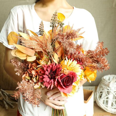 Artificial Flower Bouquets Silk Sunflowers for Home Decor and Wedding, Faux Fall Flower Dining Table Centerpiece, Artificial Plants Fall Foliage Silk Flowers for Decoration (Autumn Red). in Saudi Arabia