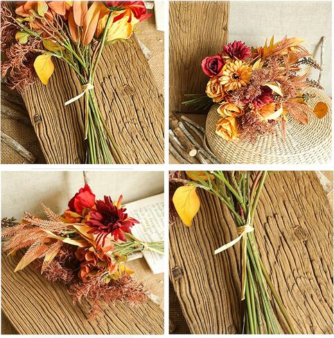 Artificial Flower Bouquets Silk Sunflowers for Home Decor and Wedding, Faux Fall Flower Dining Table Centerpiece, Artificial Plants Fall Foliage Silk Flowers for Decoration (Autumn Red). in Saudi Arabia