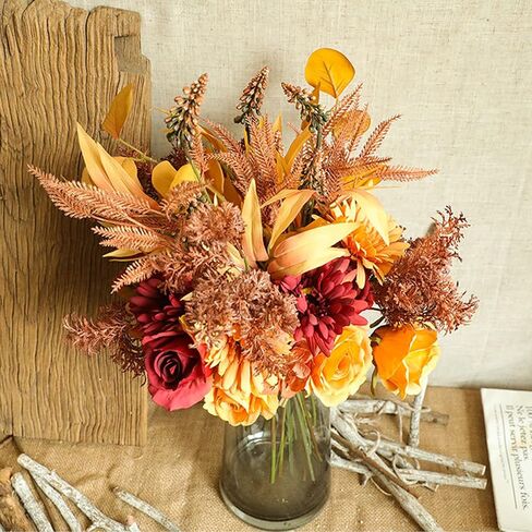 Artificial Flower Bouquets Silk Sunflowers for Home Decor and Wedding, Faux Fall Flower Dining Table Centerpiece, Artificial Plants Fall Foliage Silk Flowers for Decoration (Autumn Red). in Saudi Arabia