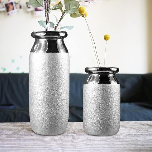 مزهرية سيراميك لديكور المنزل مزهرية زهرة فضية مزخرفة للقطع المركزية 8.5 بوصة مزهرية زهور فخارية طويلة لغرفة المعيشة وتنسيقات الزهور وطاولة الزفاف in Kuwait