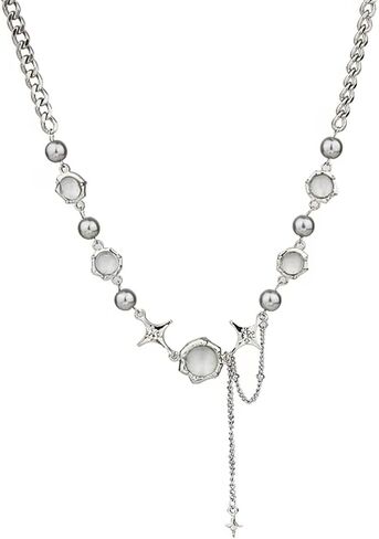 Y2k غير النظامية قلادة نجمة مستديرة قلادة المرأة تصميم الأزياء سلسلة قصيرة الياقة سلسلة مجوهرات فضية 6.3 بوصة in Kuwait