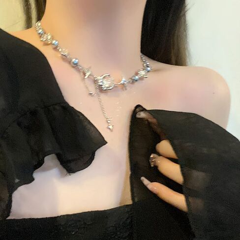 Y2k غير النظامية قلادة نجمة مستديرة قلادة المرأة تصميم الأزياء سلسلة قصيرة الياقة سلسلة مجوهرات فضية 6.3 بوصة in Kuwait