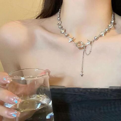 Y2k غير النظامية قلادة نجمة مستديرة قلادة المرأة تصميم الأزياء سلسلة قصيرة الياقة سلسلة مجوهرات فضية 6.3 بوصة in Kuwait