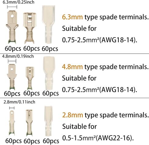 540pcs 2.8mm 4.8mm 6.3mm Male and Female Spade Connectors Kit with Insulating Sleeve, Crimp Connectors Crimp Terminals Electrical Connectors, Electrical Terminals for Electrical Wiring in Saudi Arabia