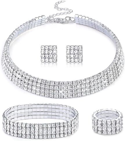 HAIAISO Rhinestone Crystal Jewelry Set Rhinestone Choker Necklace Rhinestone Earrings Rhinestone Stretch Bangle Bracelet Stretch Ring Bridal Party Jewelry in Saudi Arabia