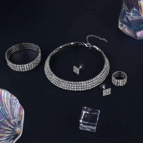 HAIAISO Rhinestone Crystal Jewelry Set Rhinestone Choker Necklace Rhinestone Earrings Rhinestone Stretch Bangle Bracelet Stretch Ring Bridal Party Jewelry in Saudi Arabia