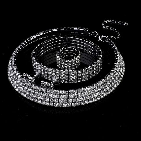 HAIAISO Rhinestone Crystal Jewelry Set Rhinestone Choker Necklace Rhinestone Earrings Rhinestone Stretch Bangle Bracelet Stretch Ring Bridal Party Jewelry in Saudi Arabia